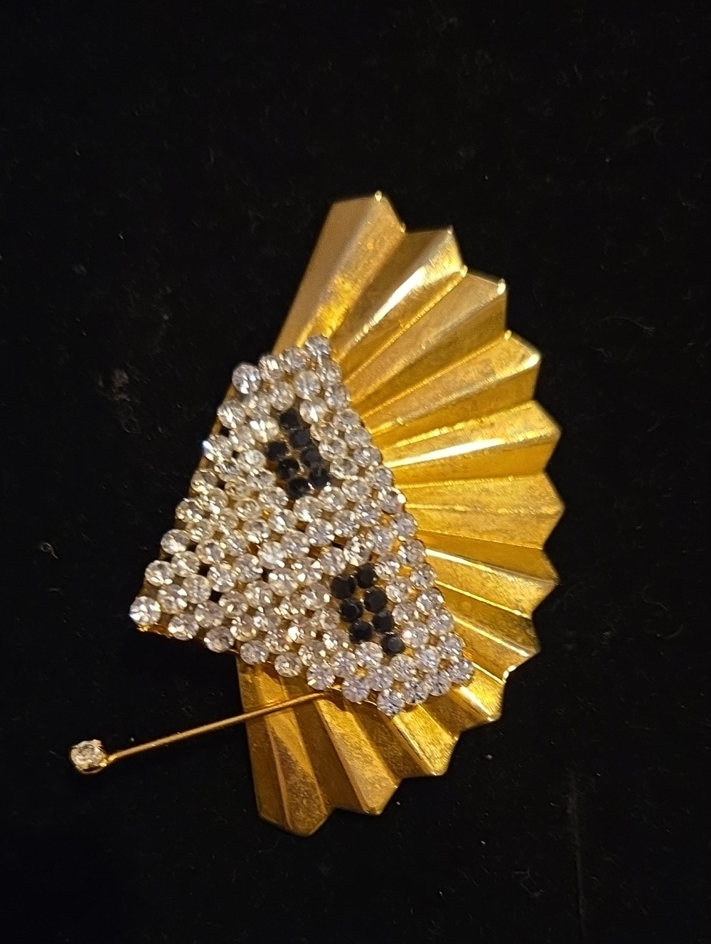Pop Art Gold-Tone Fan Earring with Clear & Black Crystal Accent. SINGLE SIDE!